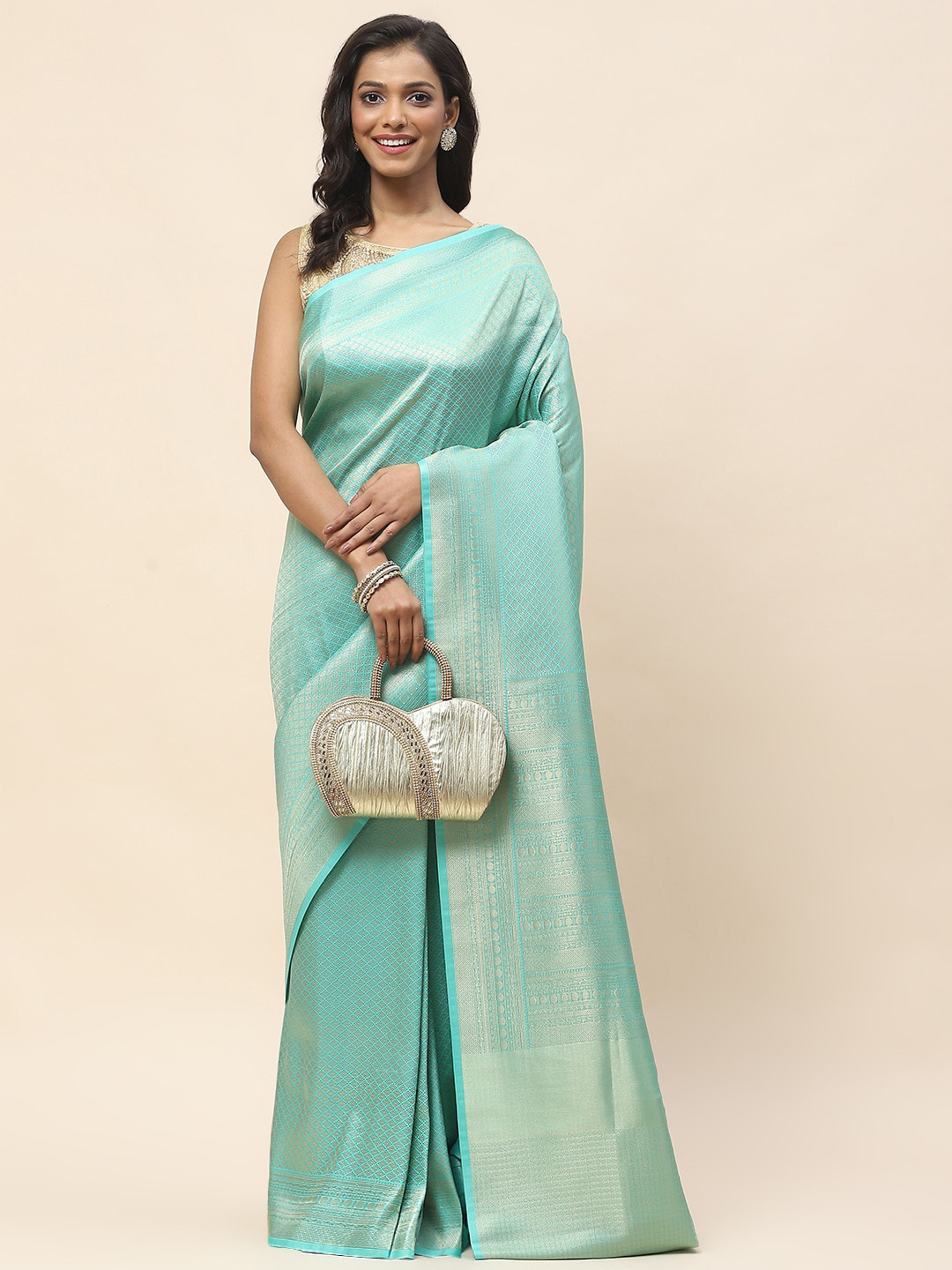 

Meena Bazaar Ethnic Motifs Woven Design Zari Banarasi Saree, Sea green