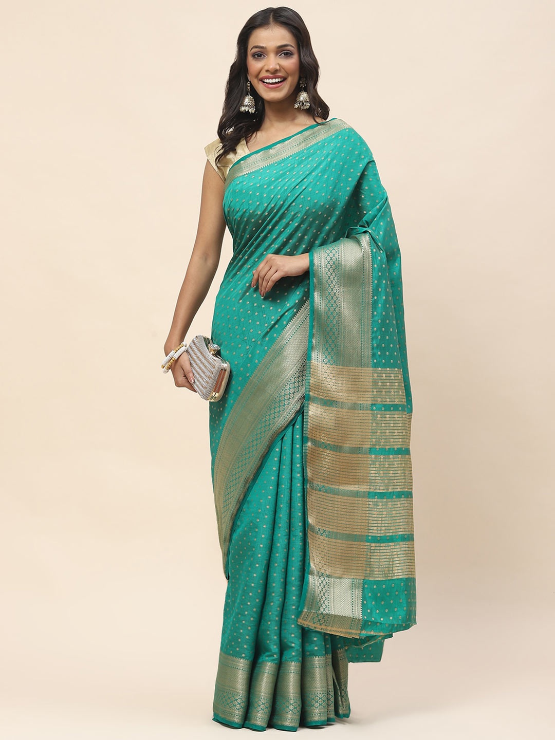 

Meena Bazaar Polka Dots Woven Design Zari Saree, Green