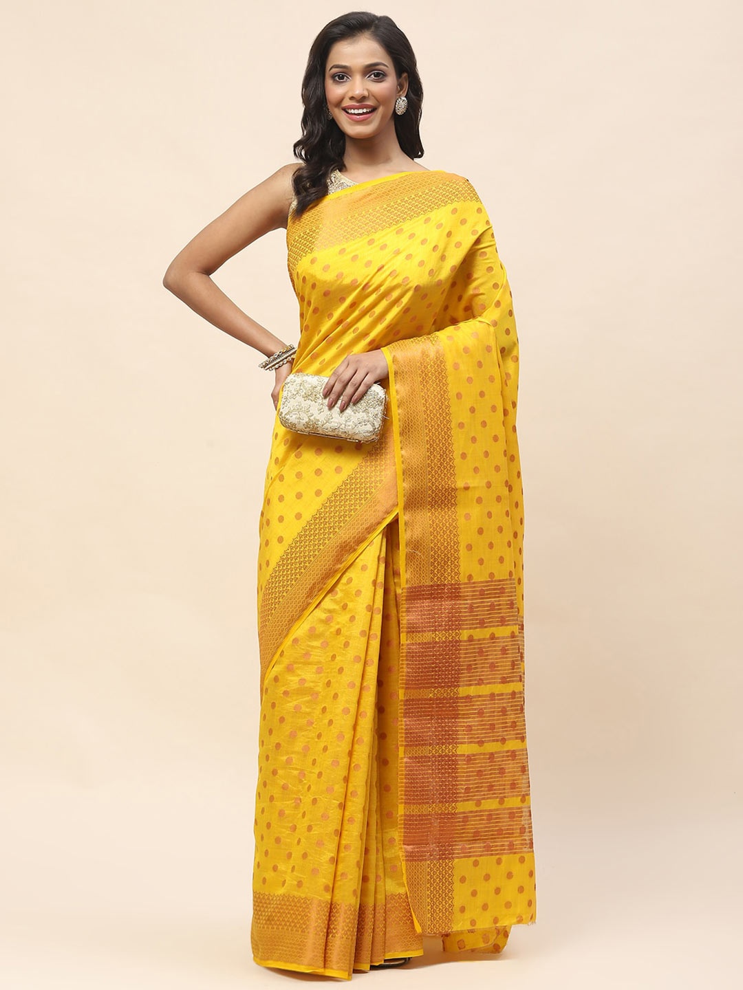 

Meena Bazaar Polka Dots Woven Design Zari Saree, Mustard