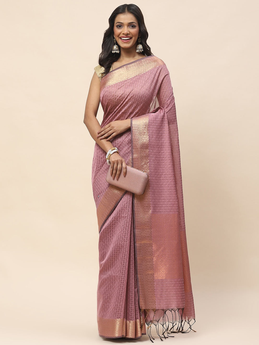 

Meena Bazaar Checked Woven Design Zari Saree, Mauve