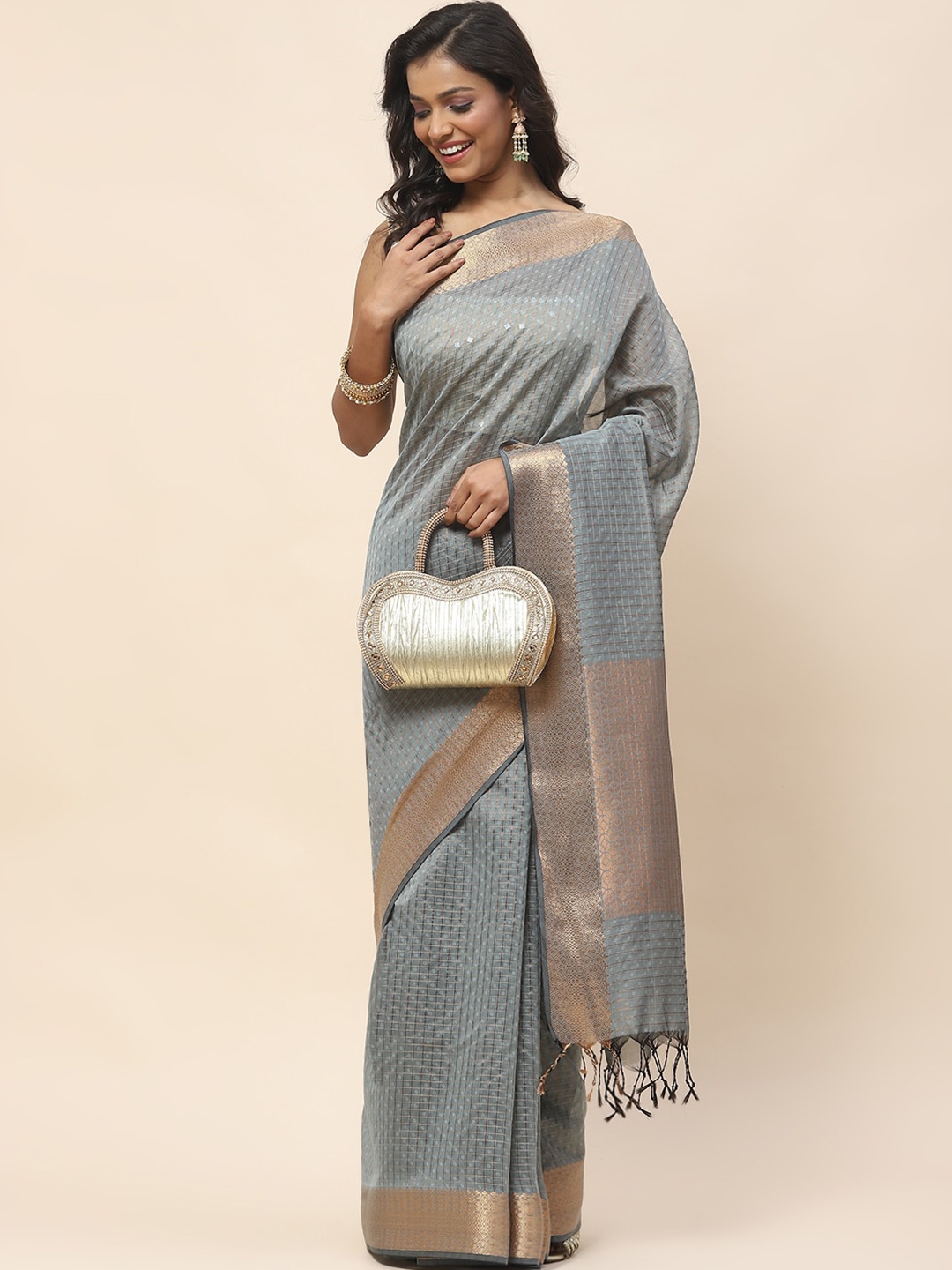 

Meena Bazaar Checked Woven Design Zari Saree, Grey