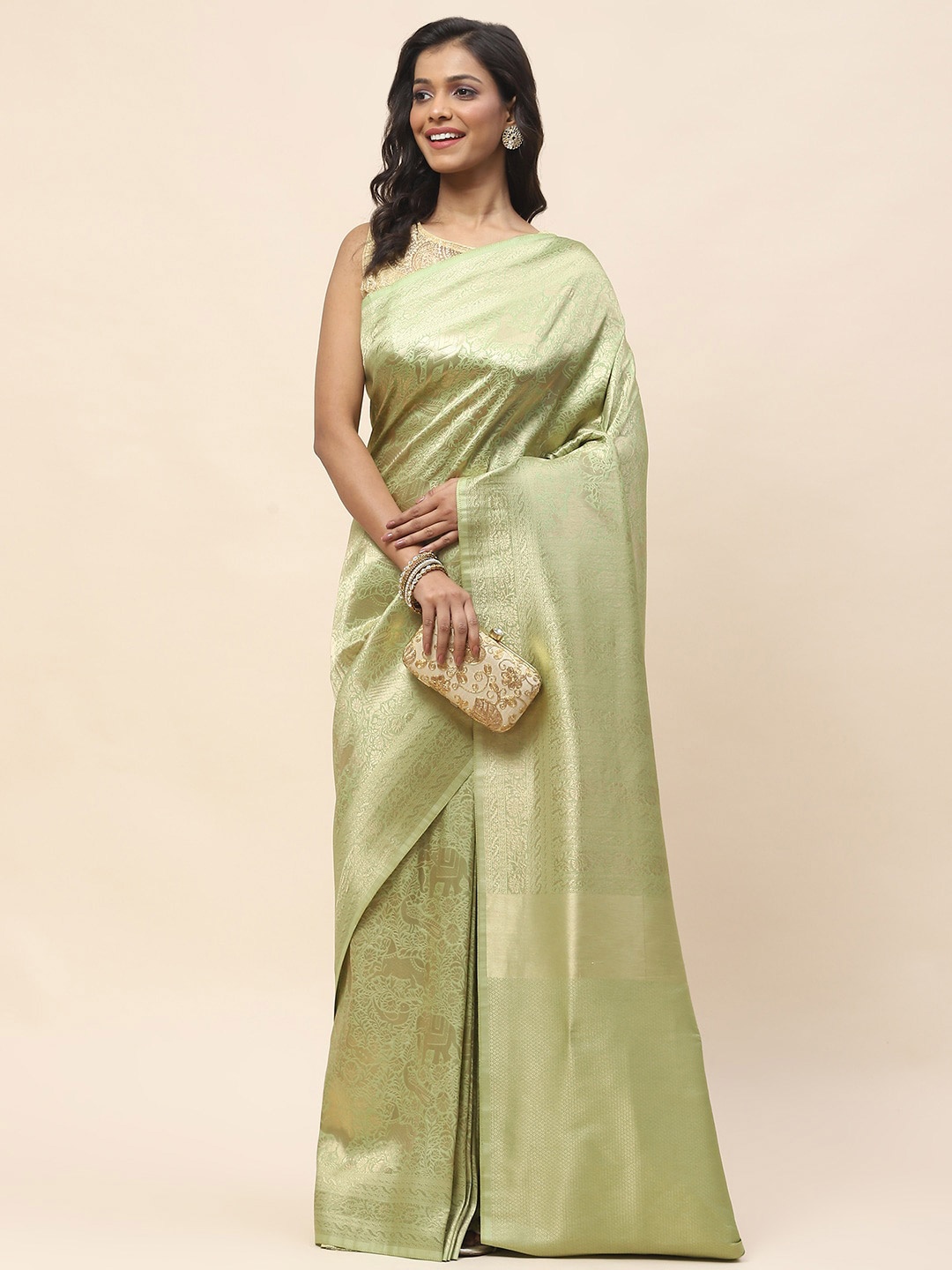 

Meena Bazaar Ethnic Motifs Woven Design Zari Banarasi Saree, Green