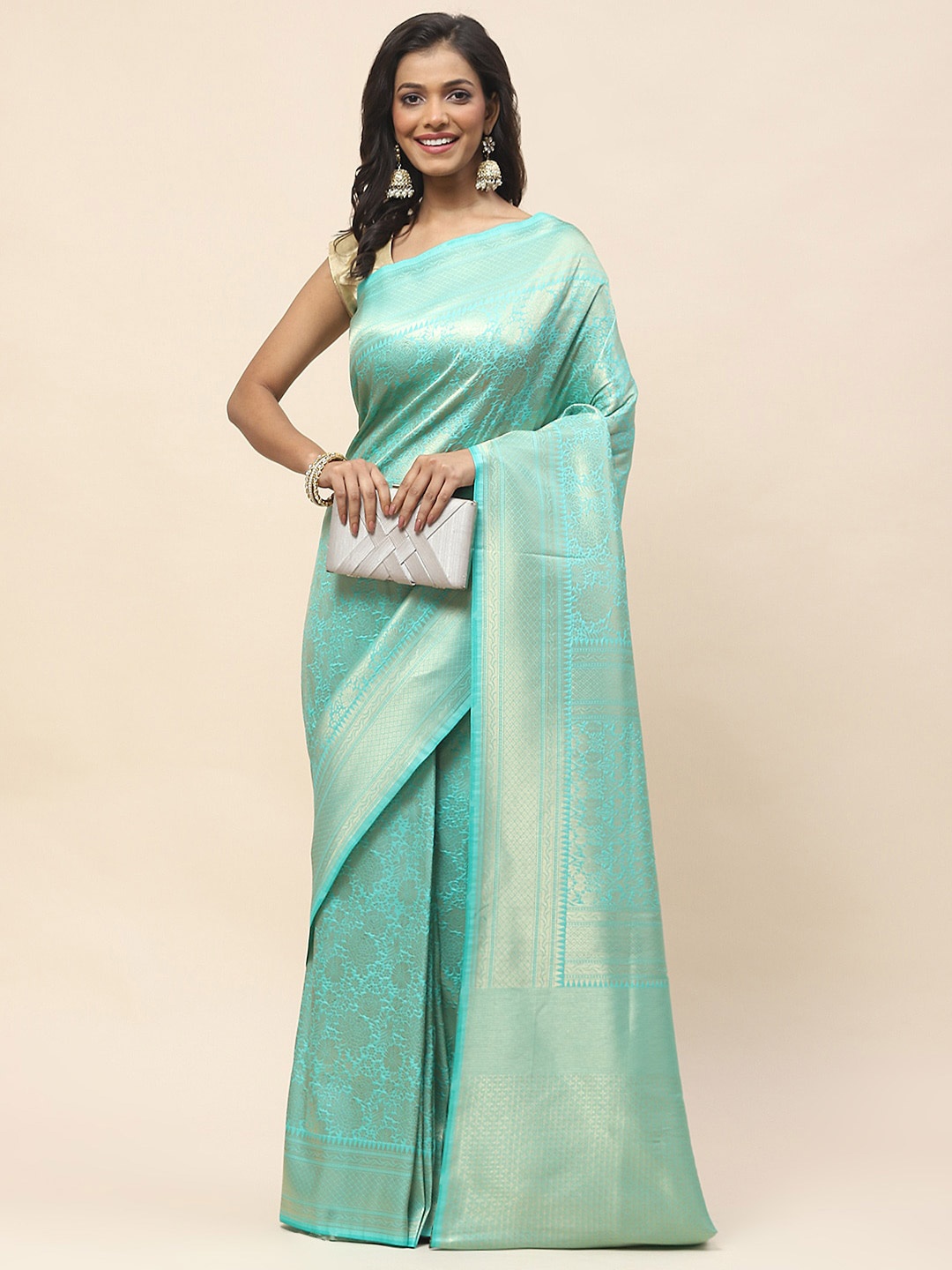 

Meena Bazaar Ethnic Motifs Woven Design Zari Banarasi Saree, Sea green