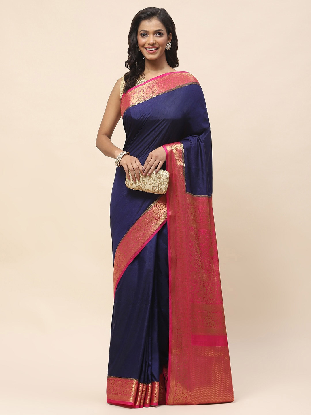 

Meena Bazaar Ethnic Motifs Woven Design Zari Saree, Navy blue