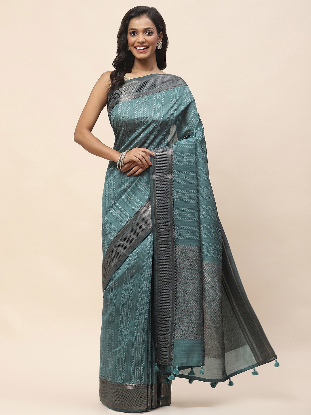 

Meena Bazaar Ethnic Motifs Woven Design Tissue Saree, Green
