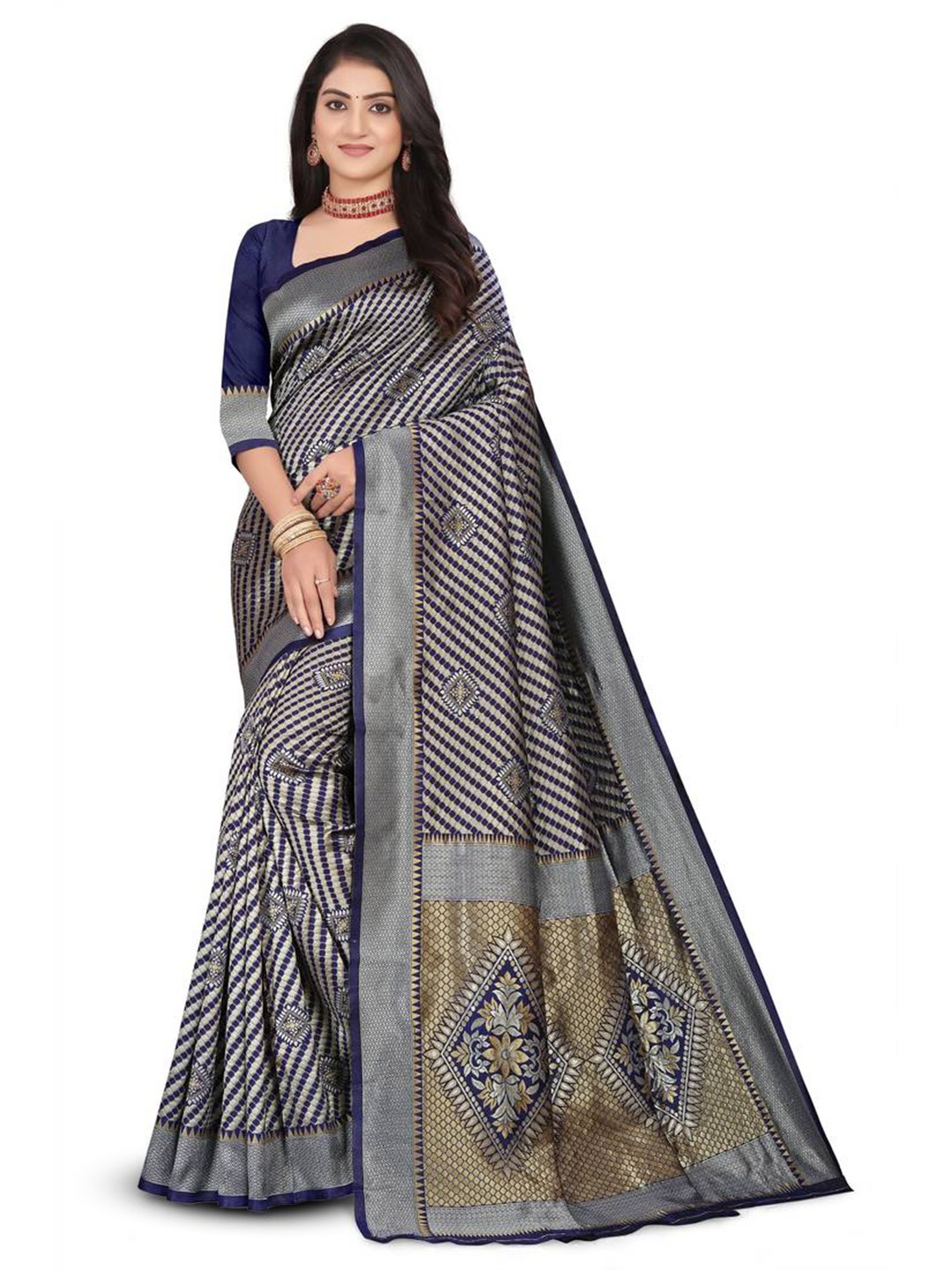 

MUKHITA Woven Design Zari Silk Kanjeevaram Saree, Navy blue