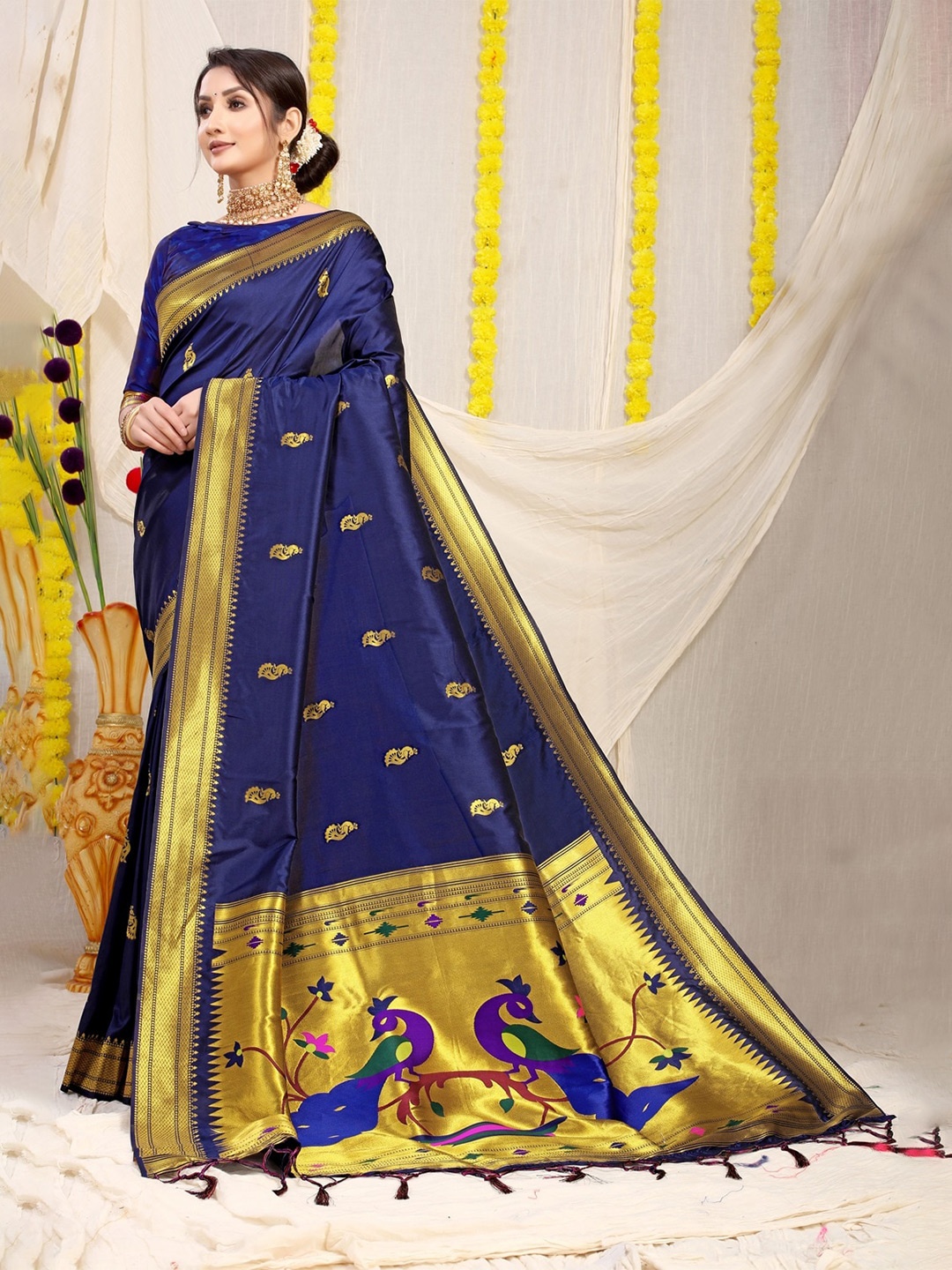 

CANIZZARO Ethnic Motifs Woven Design Zari Pure Silk Paithani Saree, Blue