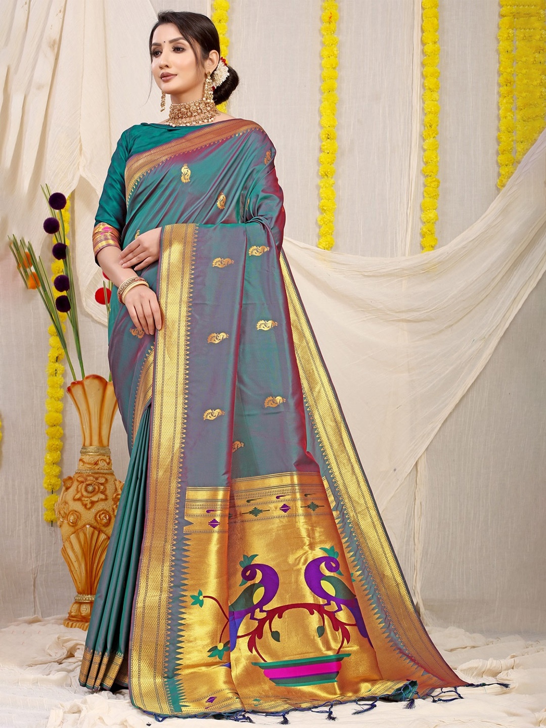 

CANIZZARO Ethnic Motifs Woven Design Zari Pure Silk Paithani Saree, Teal