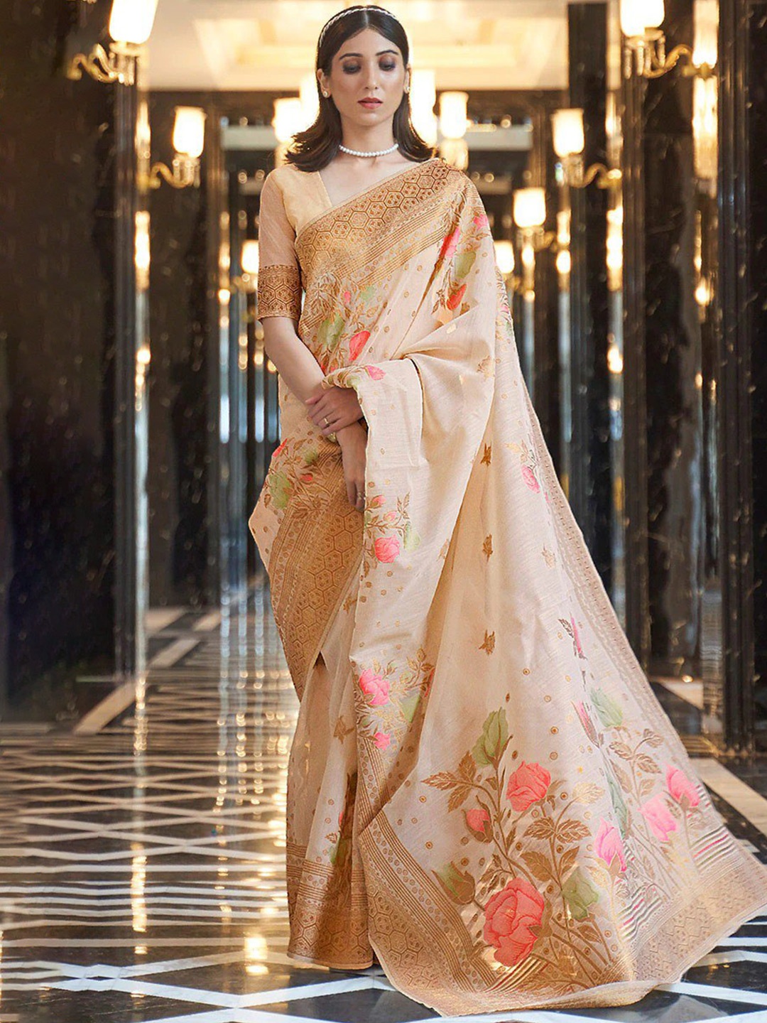 

bansari textiles Floral Woven Design Zari Pure Silk Kanjeevaram Saree, White