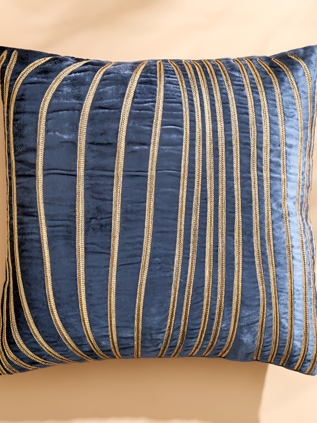 

Home Centre Blue & Gold-Toned 2 Pieces Striped Embroidered Square Cushion Covers