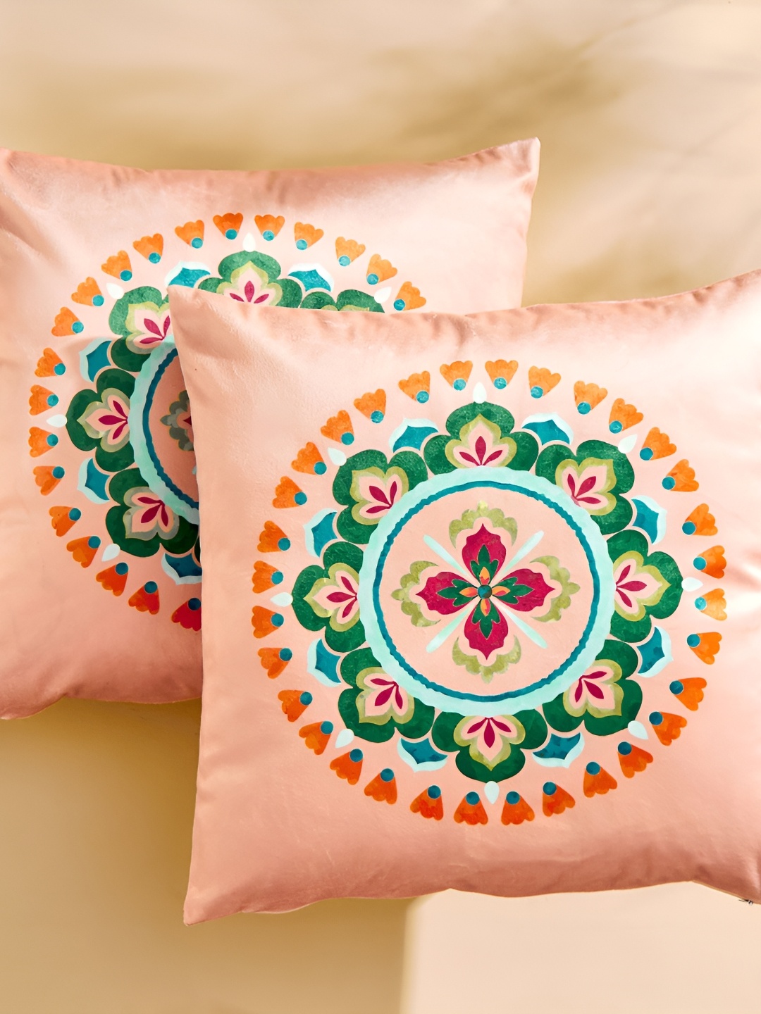 

Home Centre Peach-Coloured & Green 2 Printed Ethnic Motifs Square Cushion Covers