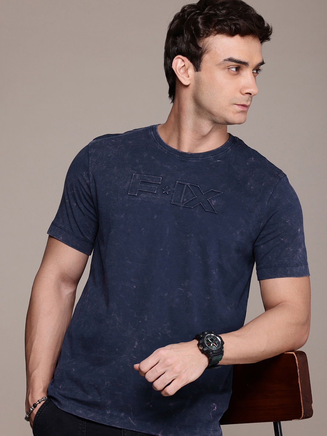 

FORCE IX Men Brand Logo Printed Washed Pure Cotton T-shirt, Navy blue