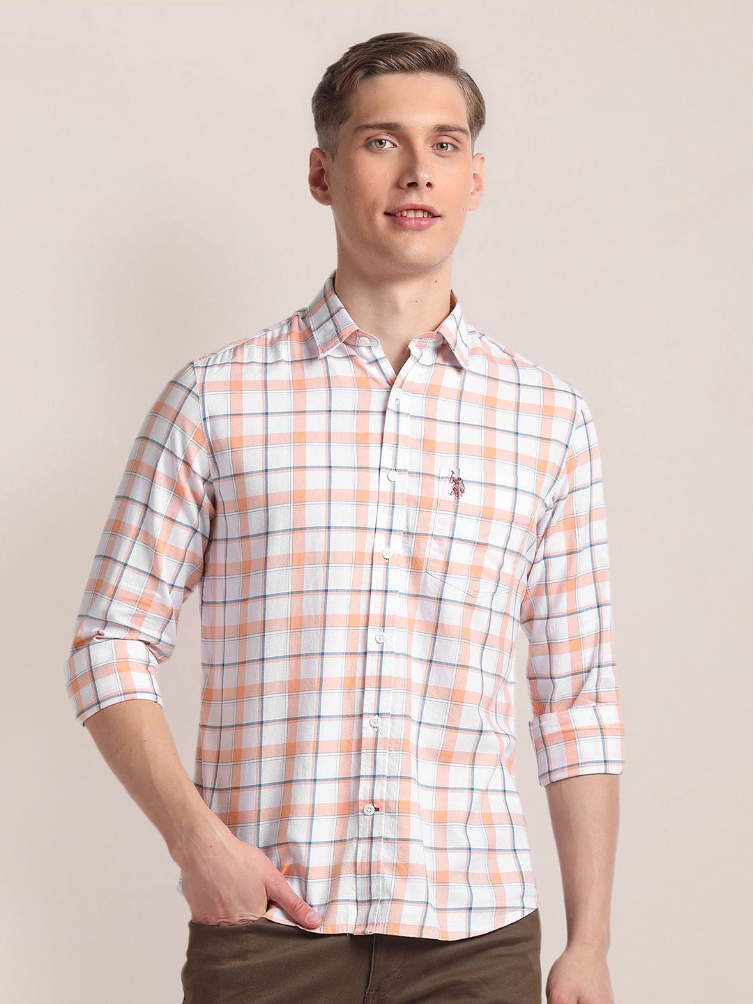 

U.S. Polo Assn. Checked Printed Cotton Twill Casual Shirt, Orange