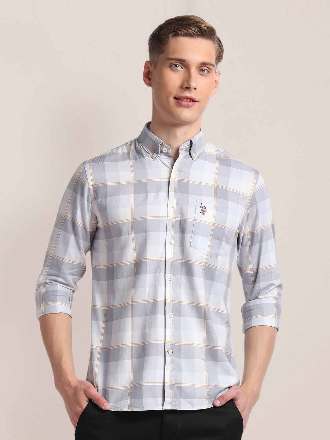 

U.S. Polo Assn. Plaid Printed Button-Down Collar Pure Cotton Casual Shirt, Grey