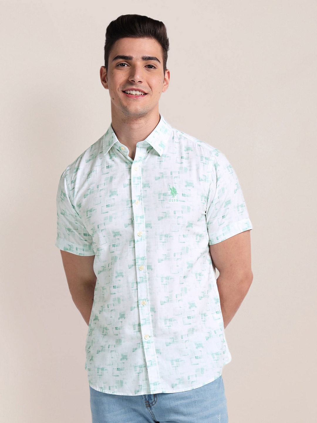 

U.S. Polo Assn. Spread Collar Printed Cotton Casual Shirt, Green