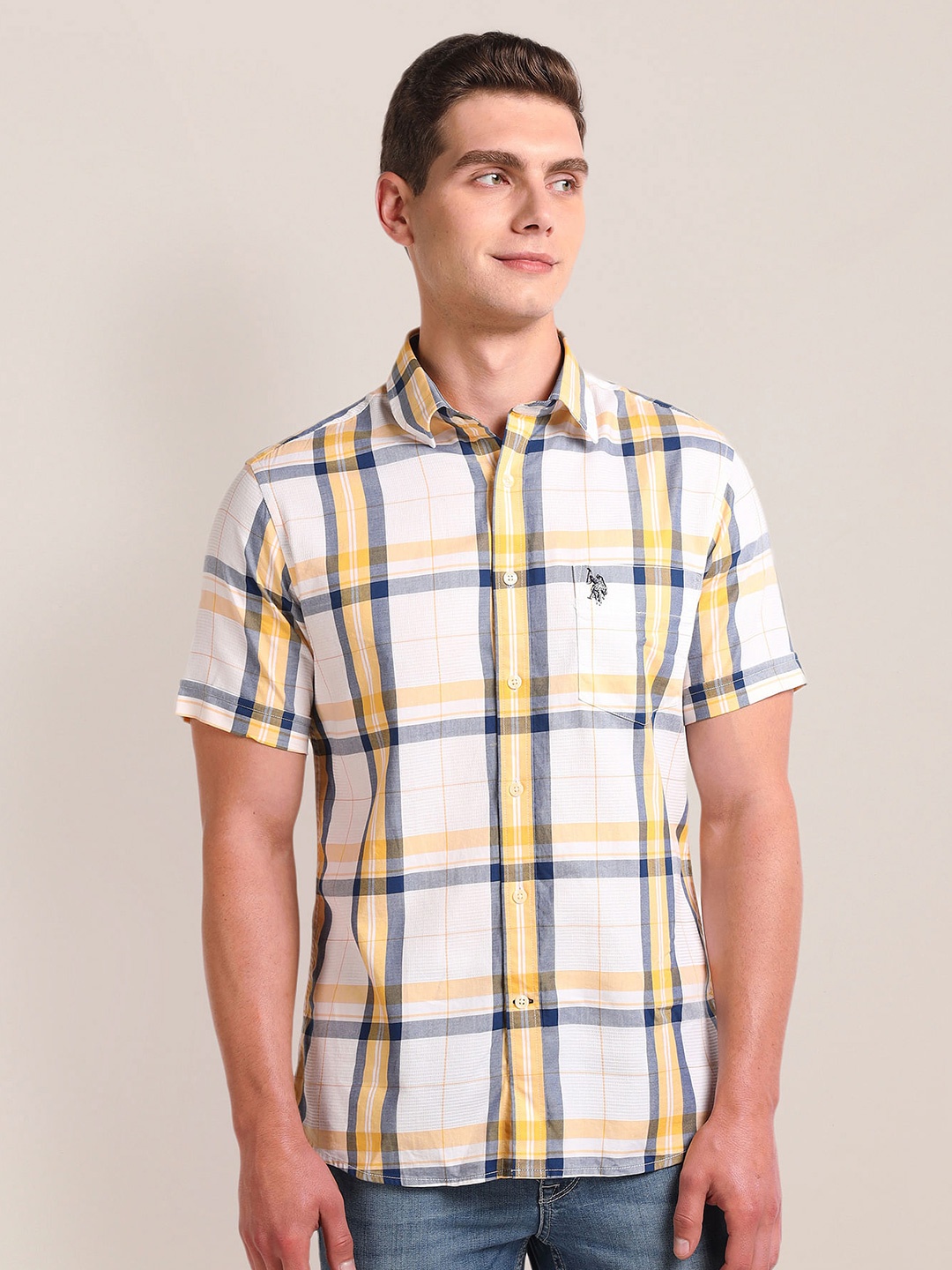 

U.S. Polo Assn. Tartan Checked Spread Collar Cotton Casual Shirt, White