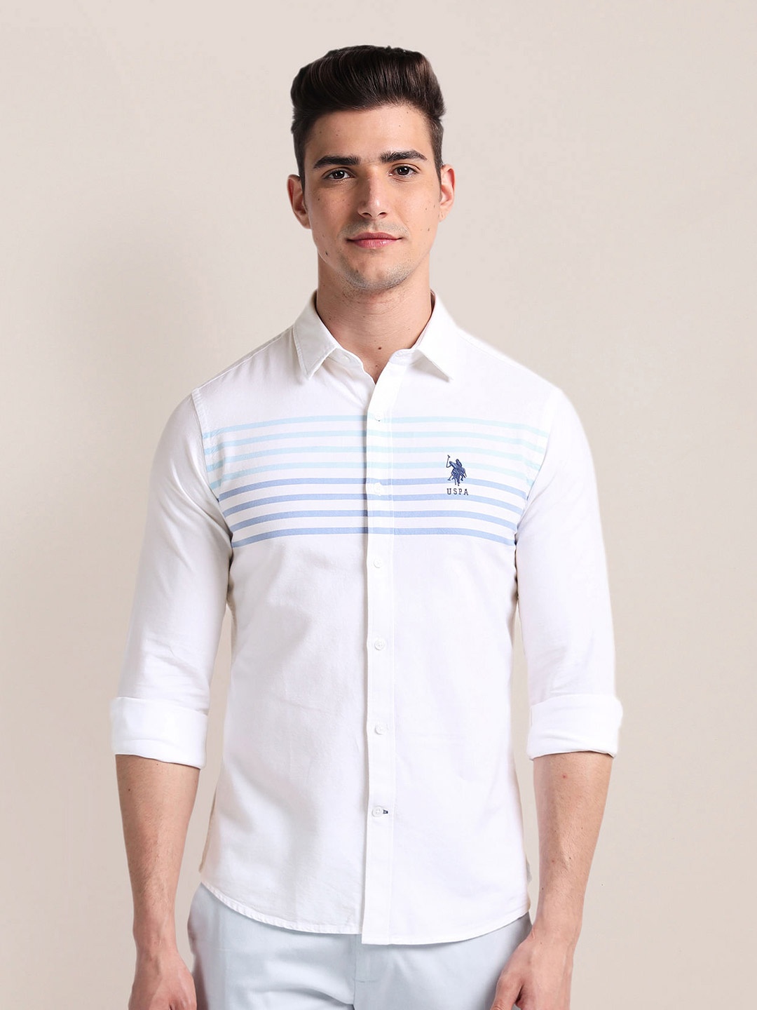 

U.S. Polo Assn. Horizontal Striped Spread Collar Cotton Shirt, White