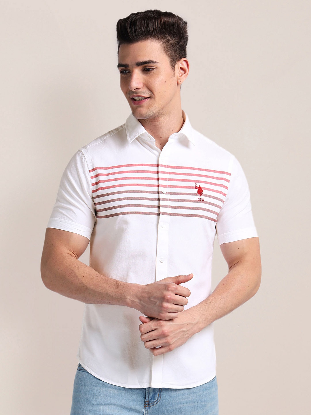 

U.S. Polo Assn. Horizontal Striped Oxford Weave Pure Cotton Casual Shirt, White