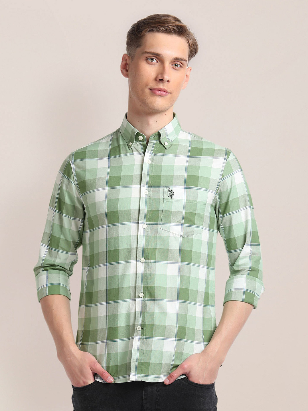 

U.S. Polo Assn. Checked Button Down Collar Oxford Cotton Shirt, Green