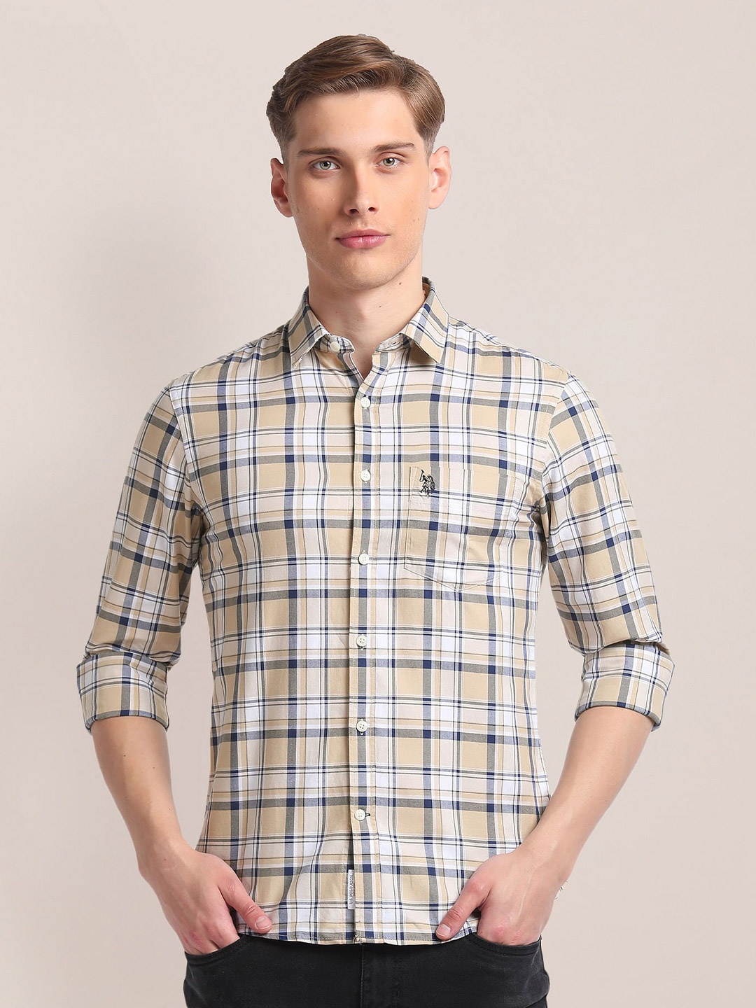 

U.S. Polo Assn. Tartan Checked Spread Collar Cotton Casual Shirt, Khaki