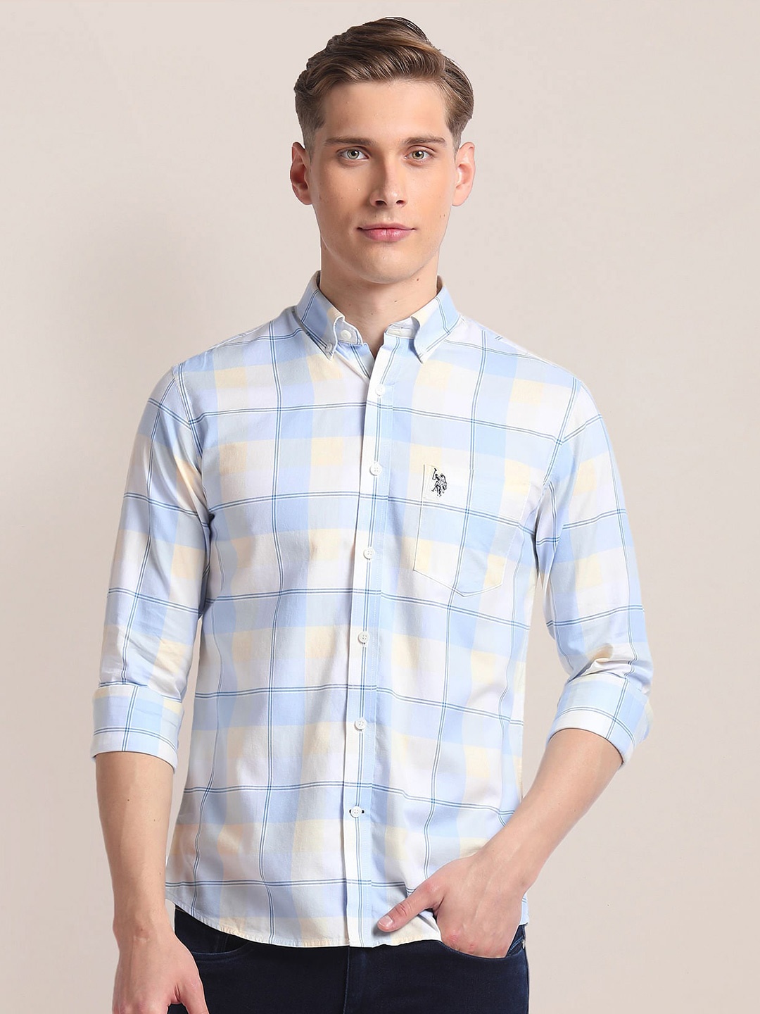 

U.S. Polo Assn. button-down collar Long Sleeves Checked Casual Cotton Shirt, Blue