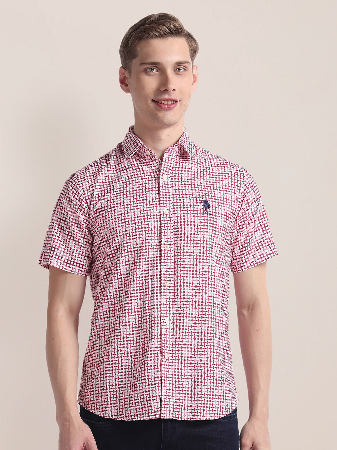 

U.S. Polo Assn. spread collar Short Sleeves Checked Casual Shirt, Red