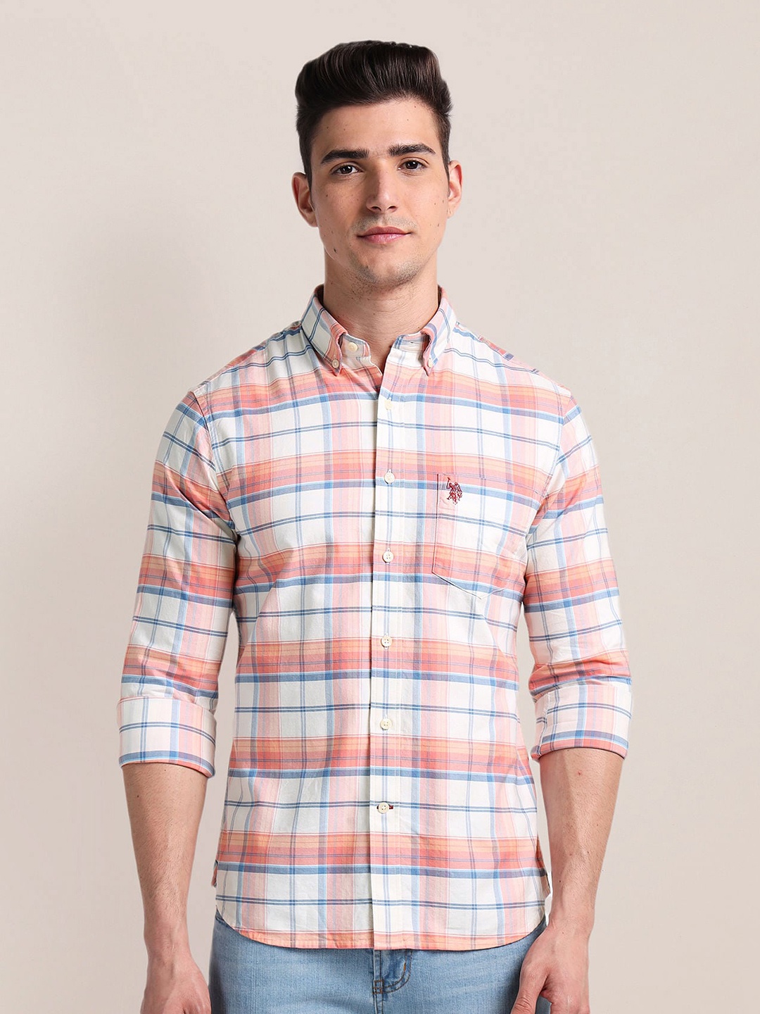 

U.S. Polo Assn. Tartan Checks Cotton Regular Fit Opaque Casual Shirt, Orange