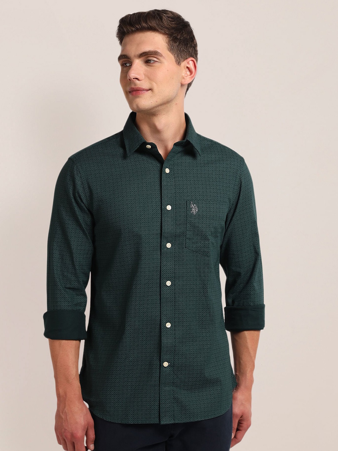 

U.S. Polo Assn.spread collar Long Sleeves Printed Casual Shirt, Green