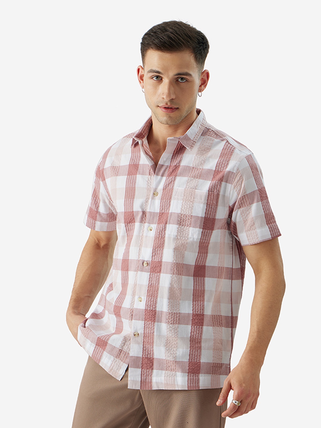 

The Souled Store spread collar Short Sleeves Checked Casual Cotton Shirt, Pink