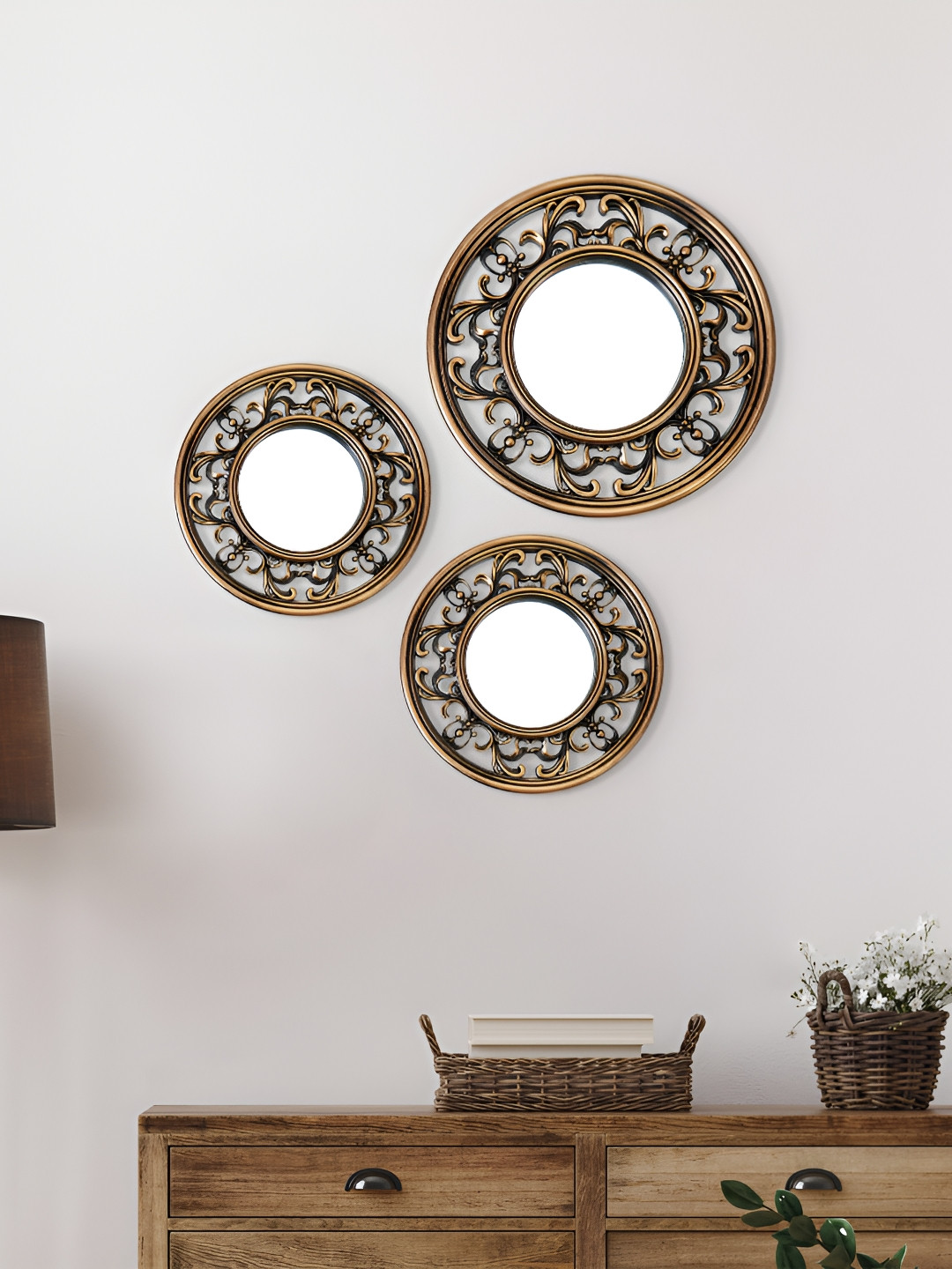 

Home Centre Corvus 3 Pieces Beige Metal Round Shape Wall Mirrors
