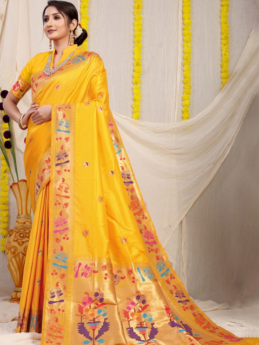 

CANIZZARO Ethnic Motifs Woven Design Zari Pure Silk Paithani Saree, Yellow