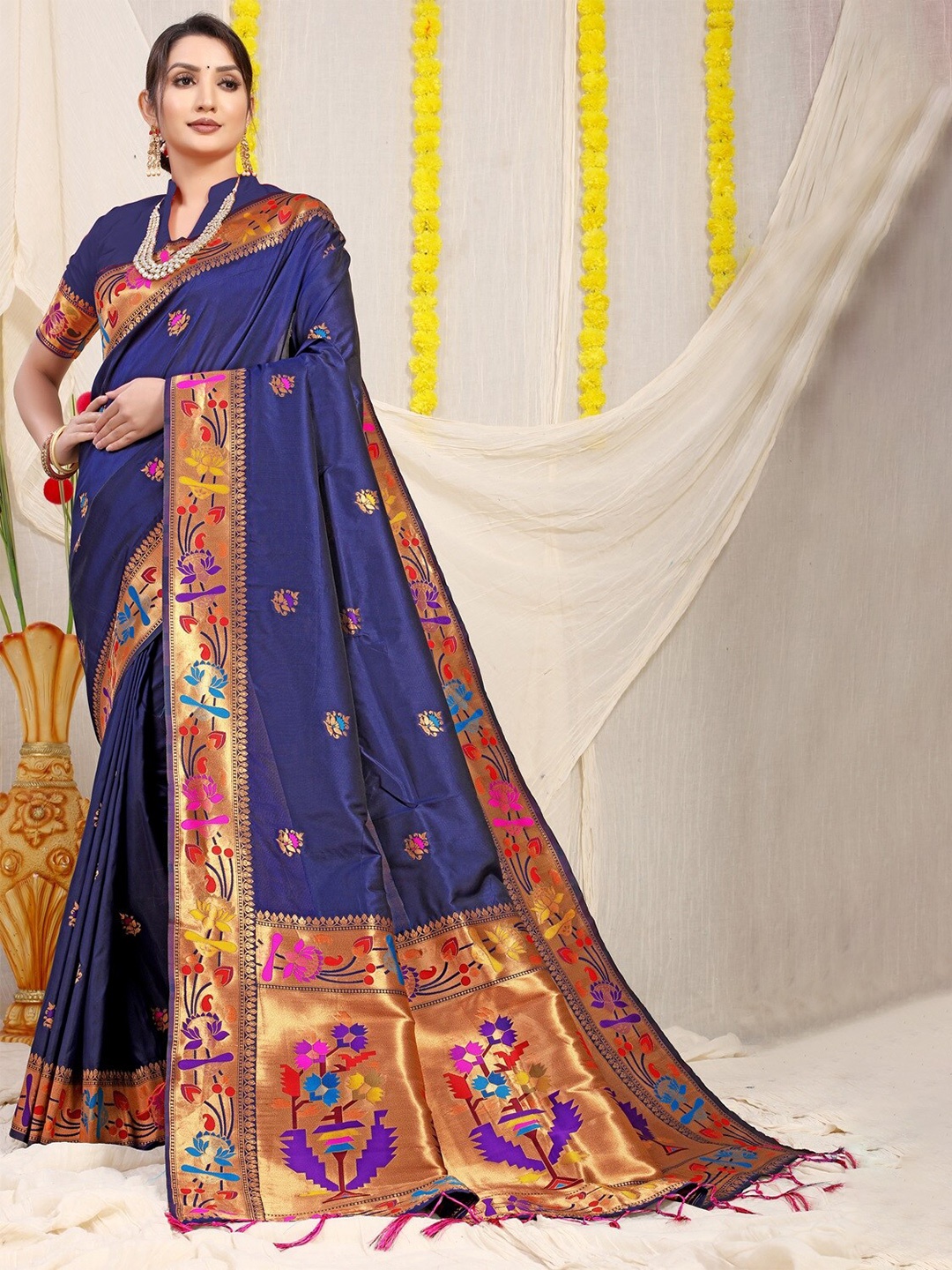

CANIZZARO Ethnic Motif Woven Design Pure Silk Paithani Zari Saree, Blue