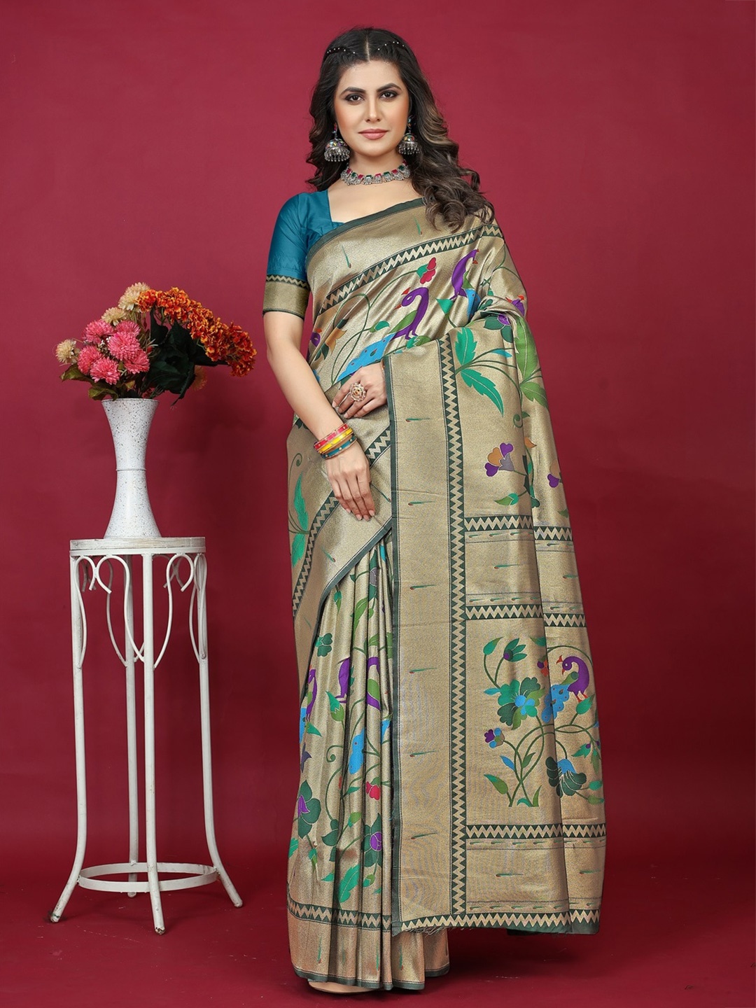 

CANIZZARO Ethnic Motif Woven Design Pure Silk Paithani Zari Saree, Teal