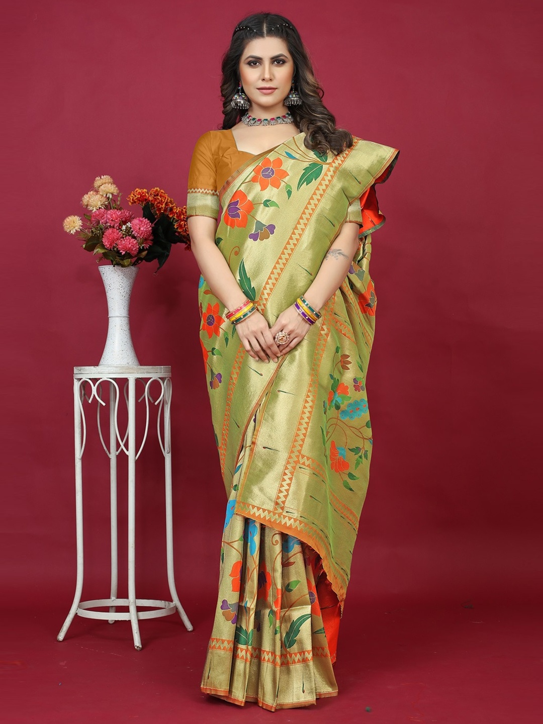 

CANIZZARO Ethnic Motif Woven Design Pure Silk Paithani Zari Saree, Yellow
