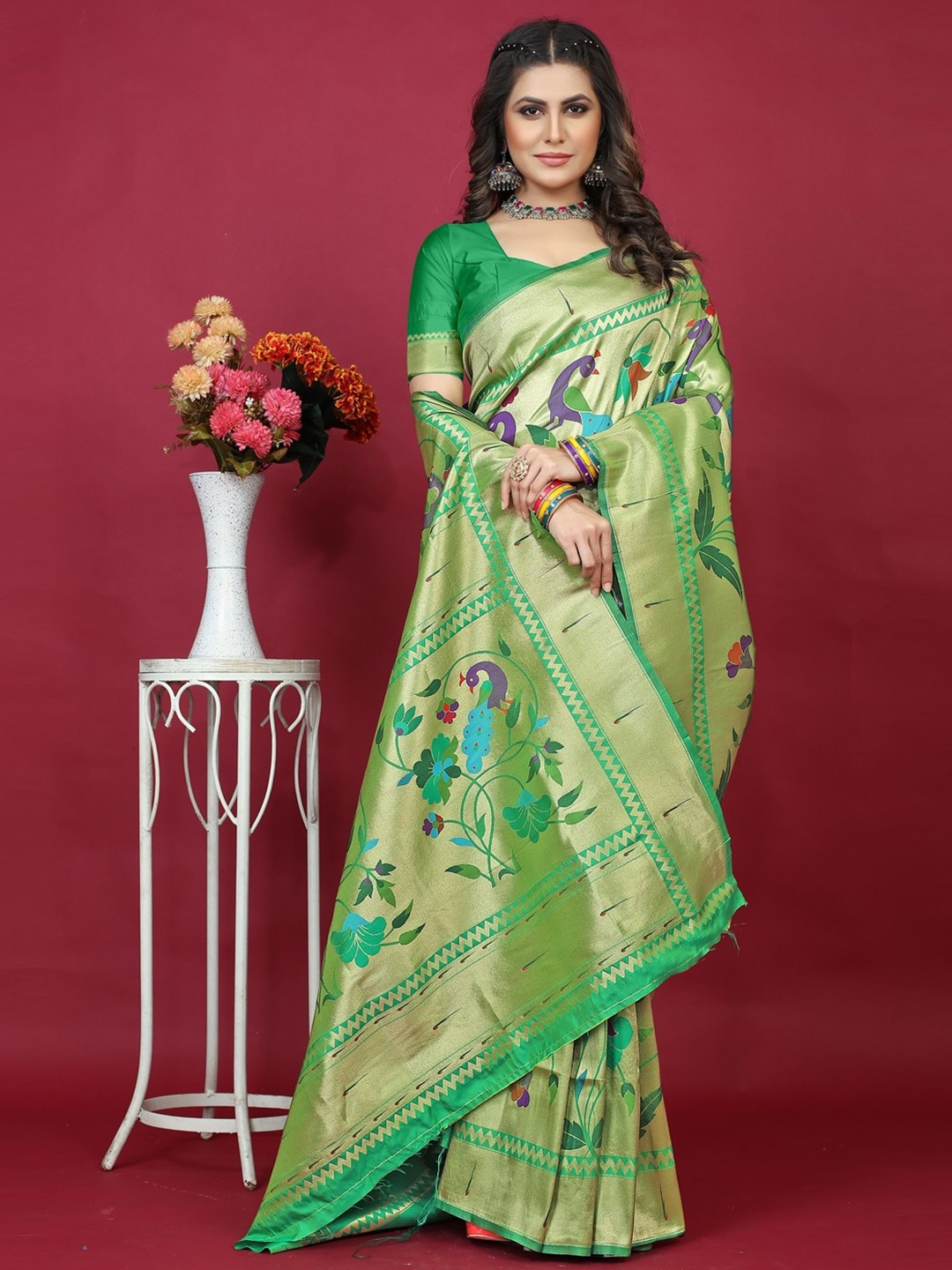 

CANIZZARO Ethnic Motif Woven Design Pure Silk Paithani Zari Saree, Green