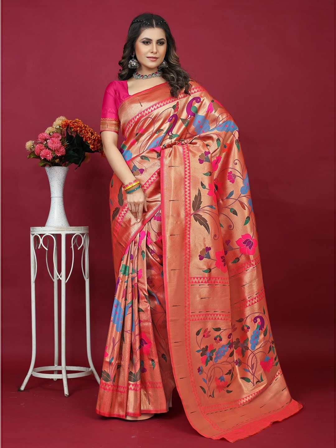 

CANIZZARO Ethnic Motif Woven Design Pure Silk Paithani Zari Saree, Pink