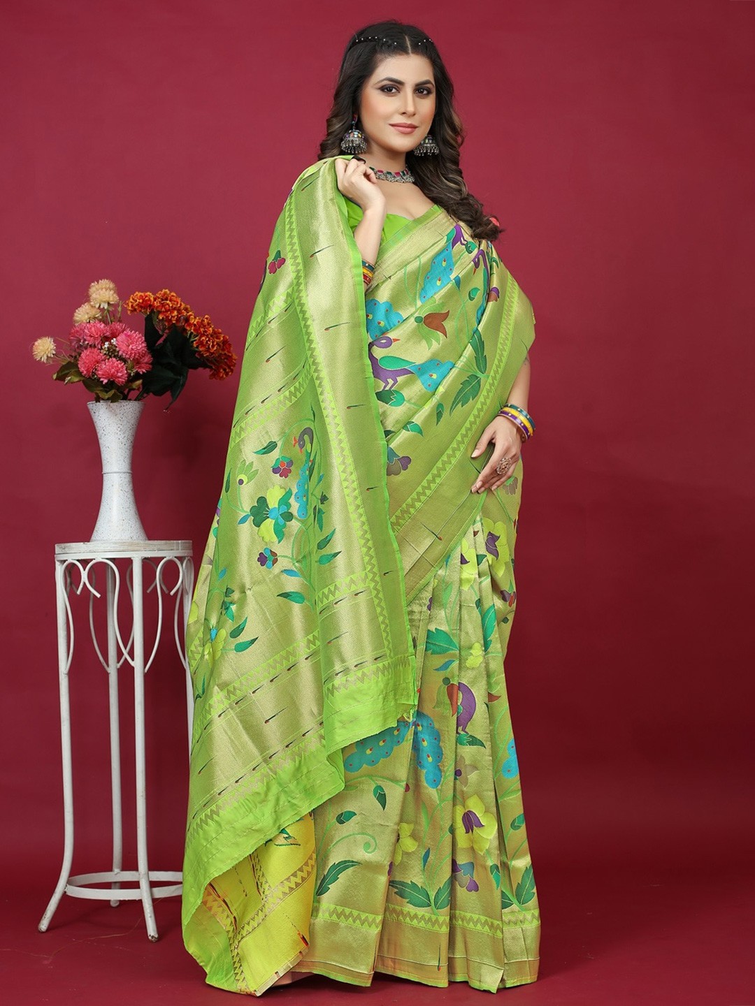 

CANIZZARO Ethnic Motif Woven Design Pure Silk Paithani Zari Saree, Green