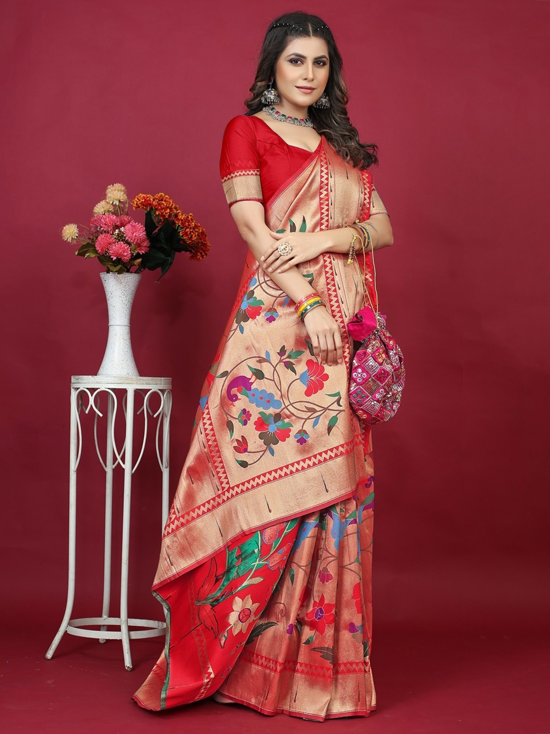 

CANIZZARO Ethnic Motif Woven Design Pure Silk Paithani Zari Saree, Red