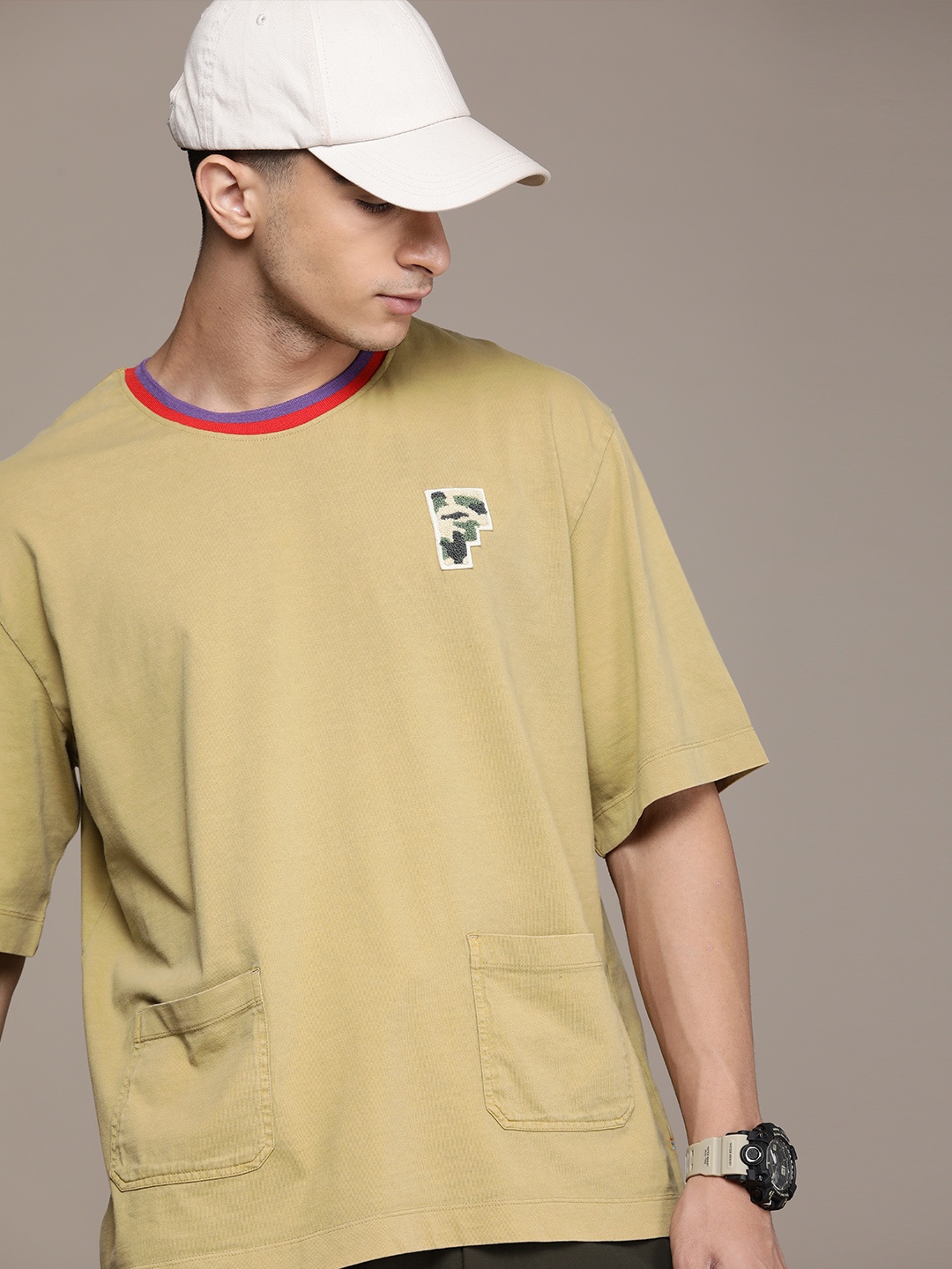 

FORCE IX Drop-Shoulder Sleeves Pure Cotton With Pockets Oversized T-shirt, Khaki