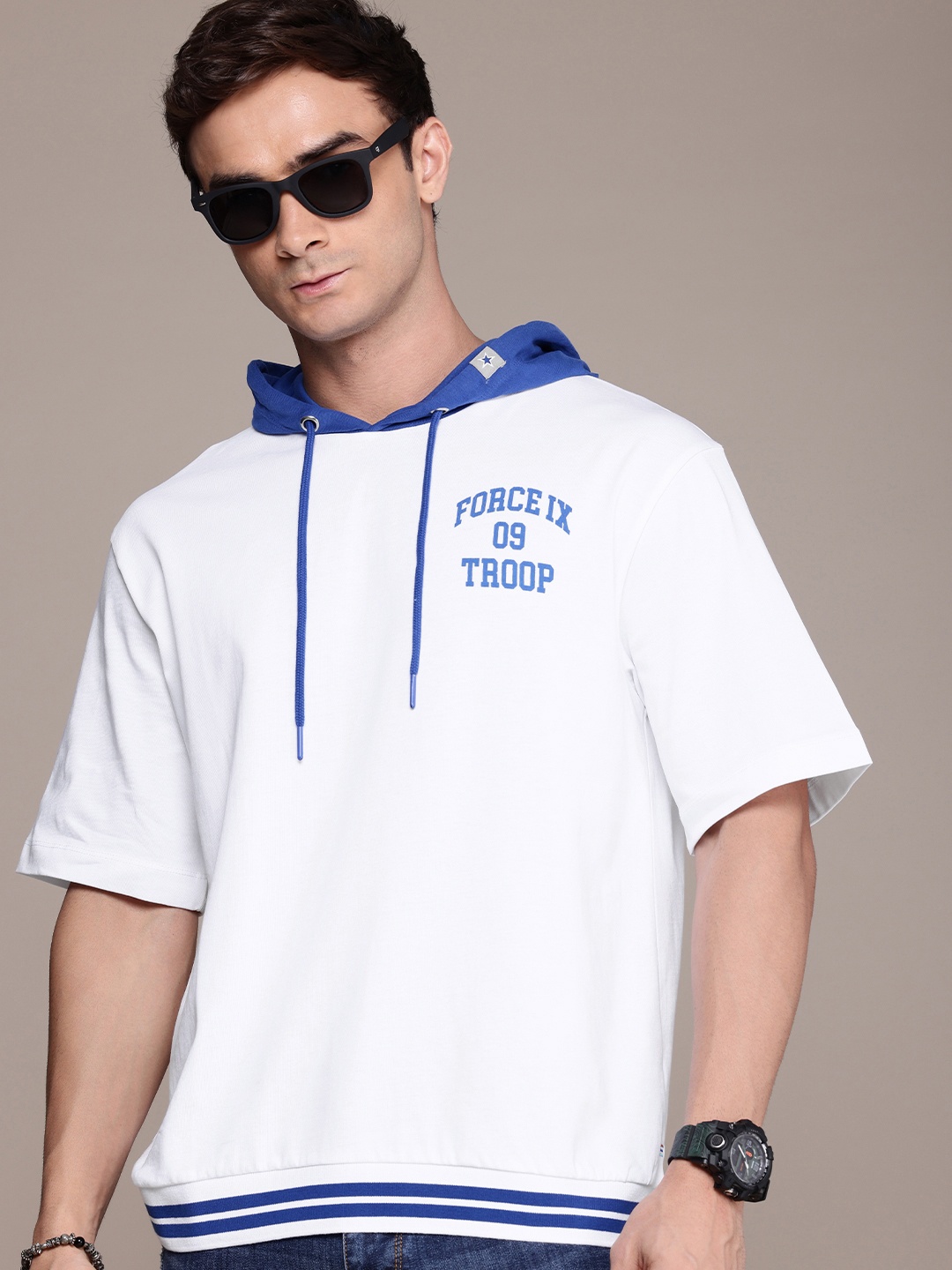 

FORCE IX Men Hooded Pure Cotton Oversized T-shirt, White