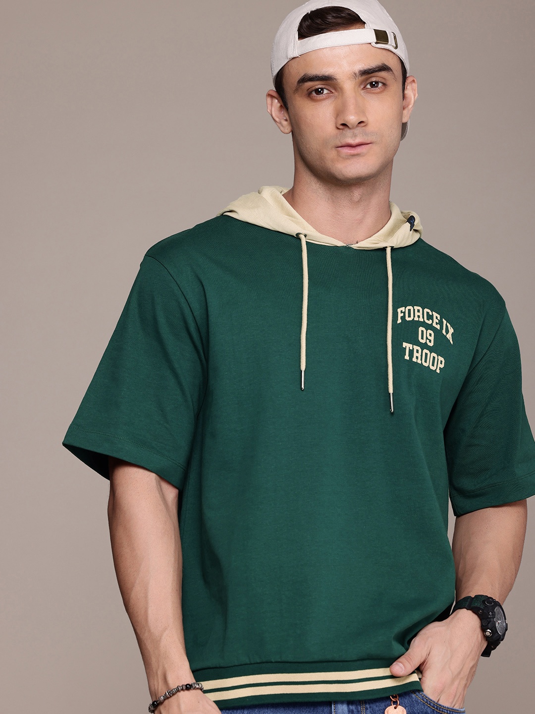 

FORCE IX Men Hooded Pure Cotton Oversized T-shirt, Green