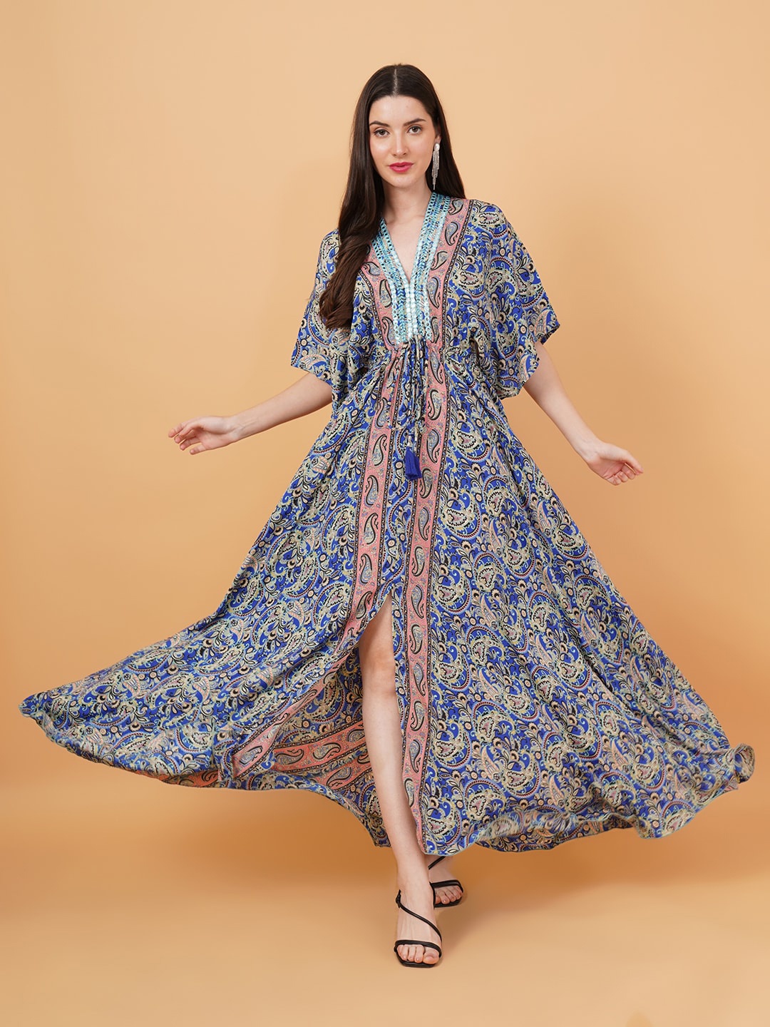 

IX IMPRESSION Ethnic Motifs Print Gathered Kaftan Maxi Dress, Blue