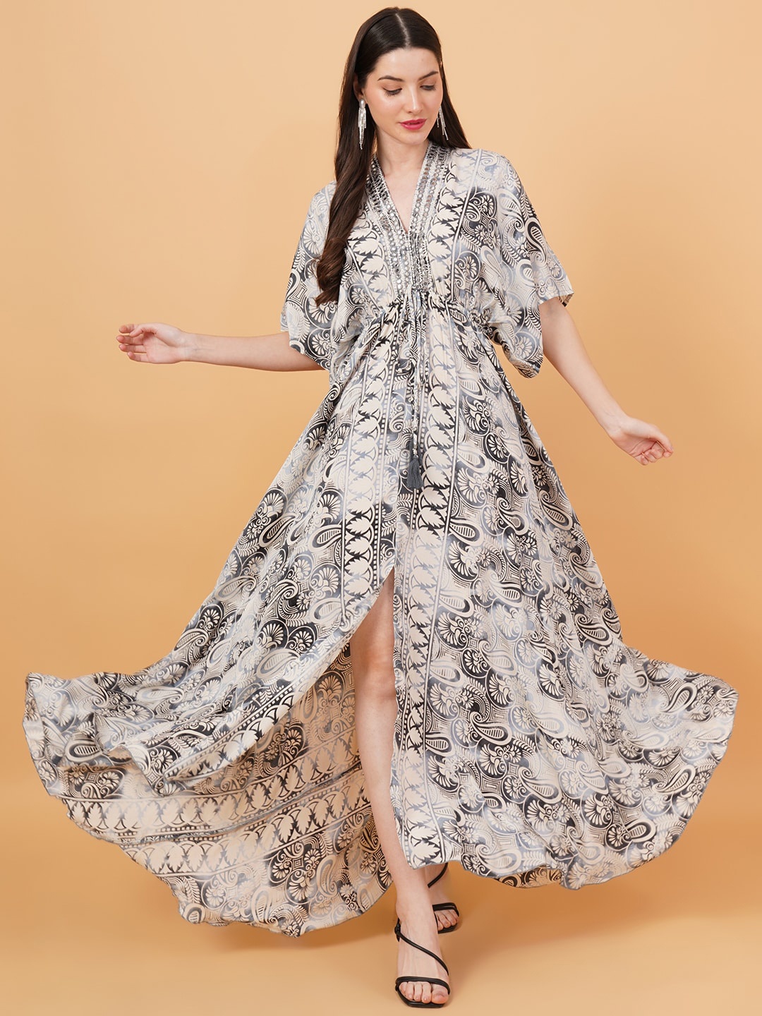 

IX IMPRESSION Floral Print Gathered Kaftan Maxi Dress, Grey
