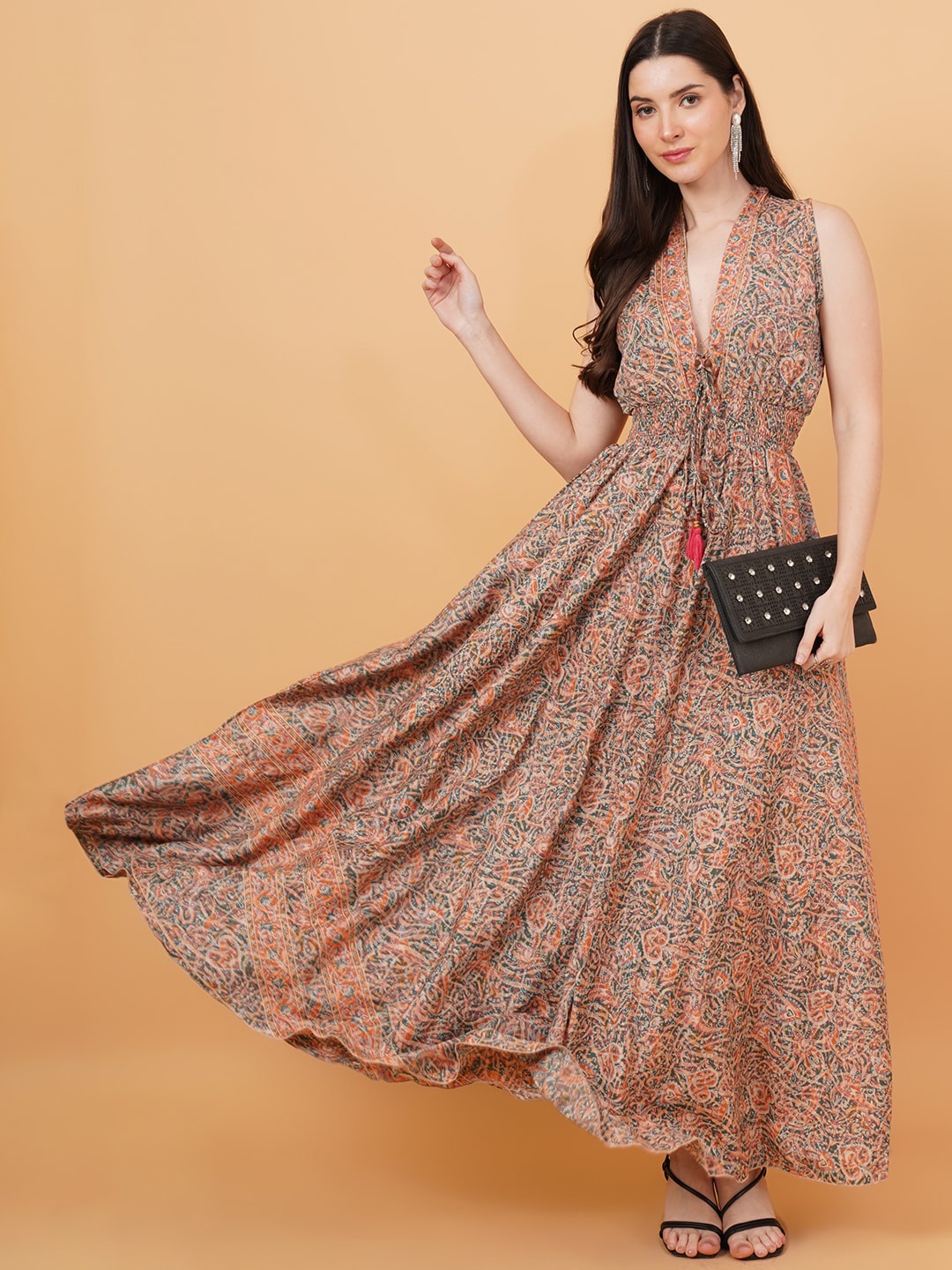 

IX IMPRESSION Floral Print Smocked Fit & Flare Maxi Dress, Brown