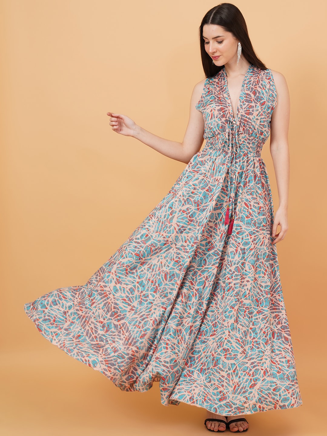 

IX IMPRESSION Floral Print Smocked Fit & Flare Maxi Dress, Turquoise blue