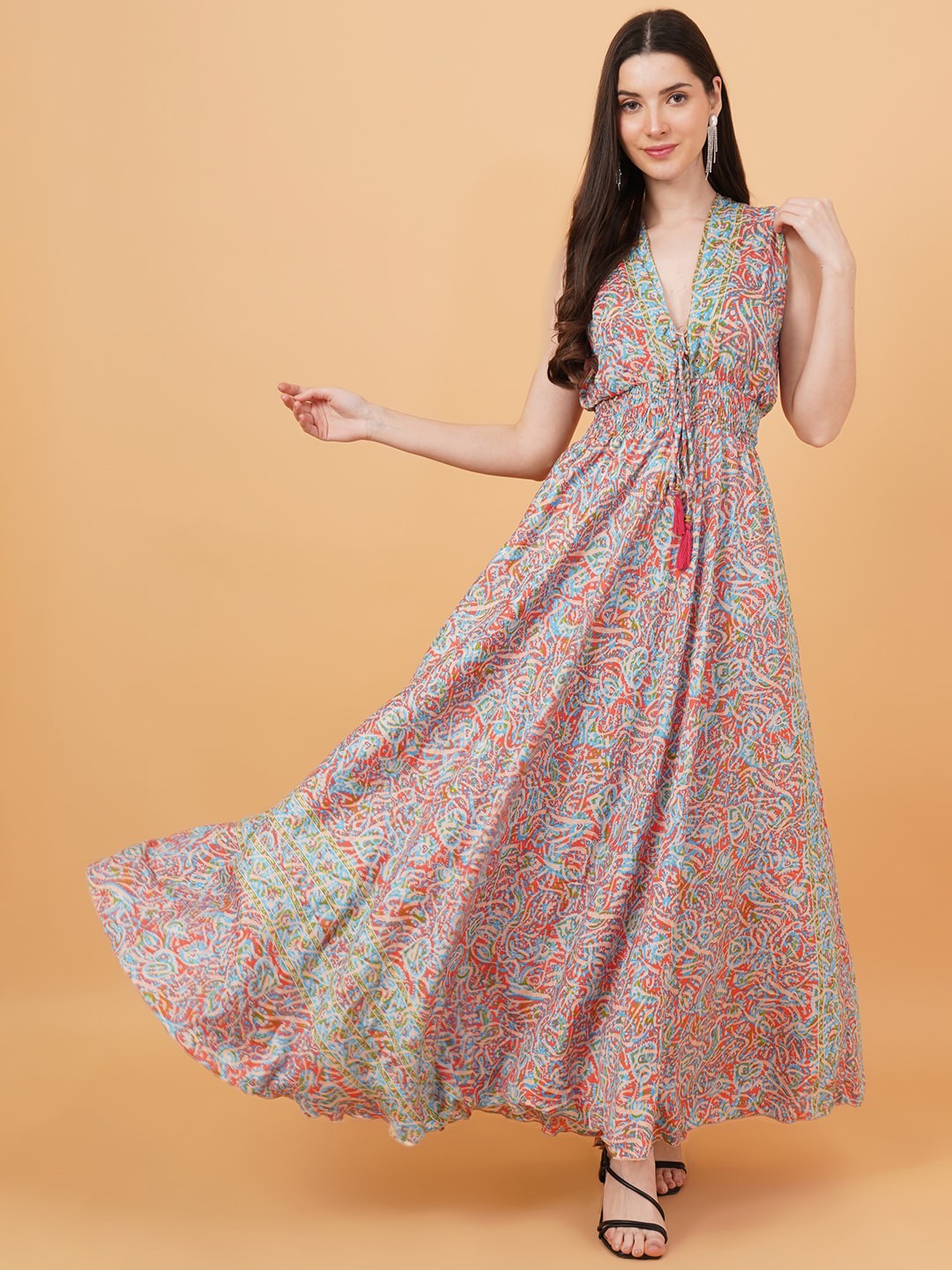 

IX IMPRESSION Floral Print Smocked Fit & Flare Maxi Dress, Peach