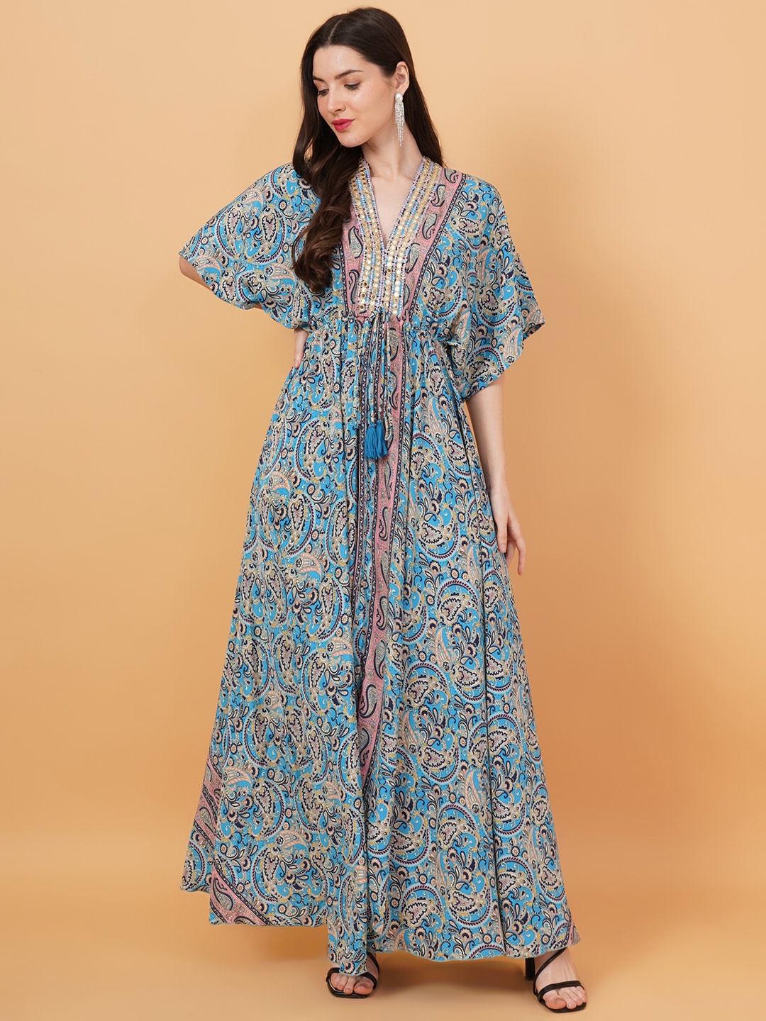 

IX IMPRESSION Floral Print Gathered Kaftan Maxi Dress, Turquoise blue