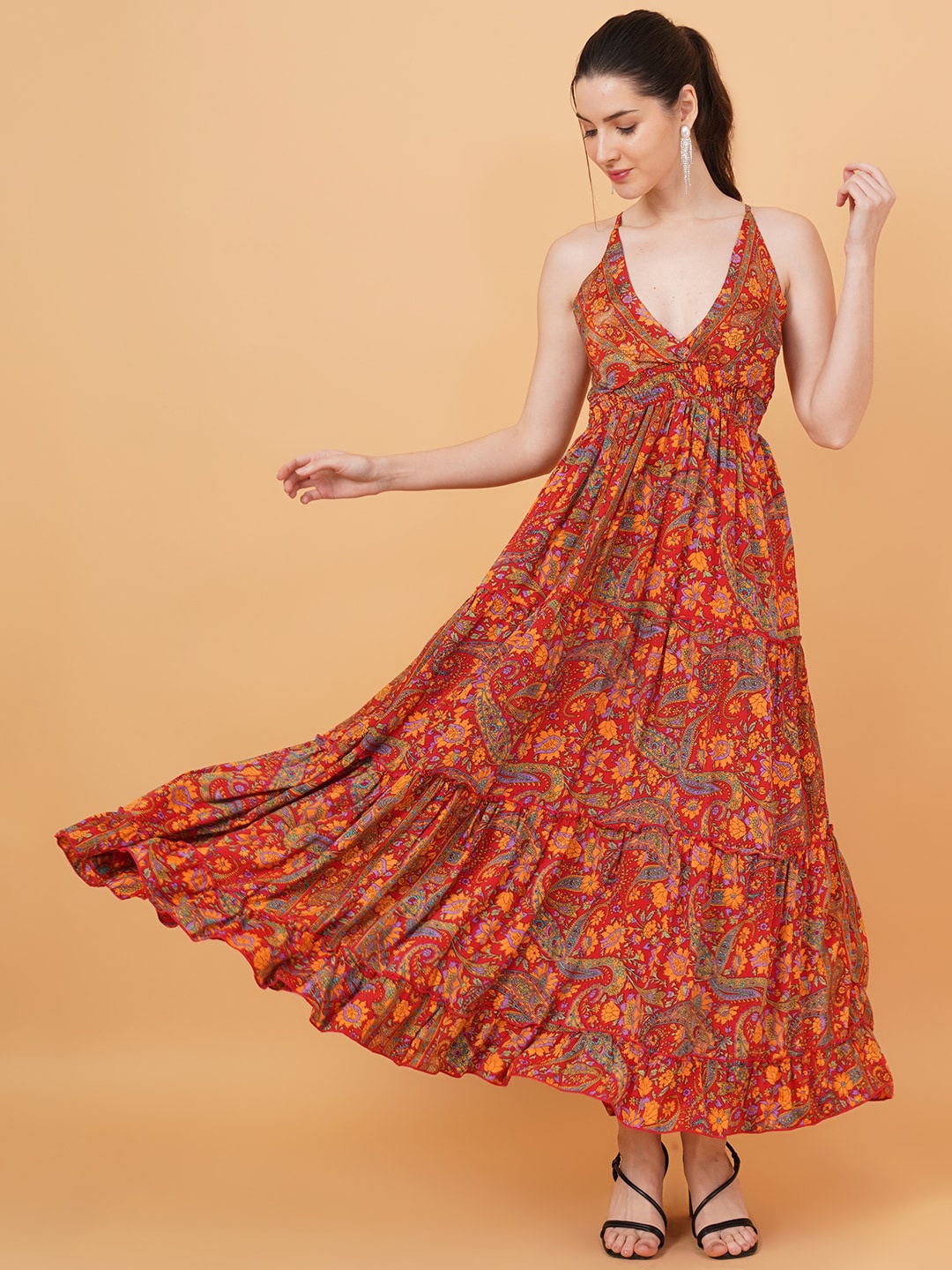 

IX IMPRESSION Ethnic Motifs Print Smocked Fit & Flare Maxi Dress, Red