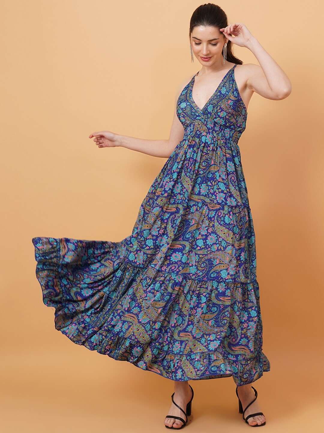 

IX IMPRESSION Ethnic Motifs Print Smocked Fit & Flare Maxi Dress, Blue