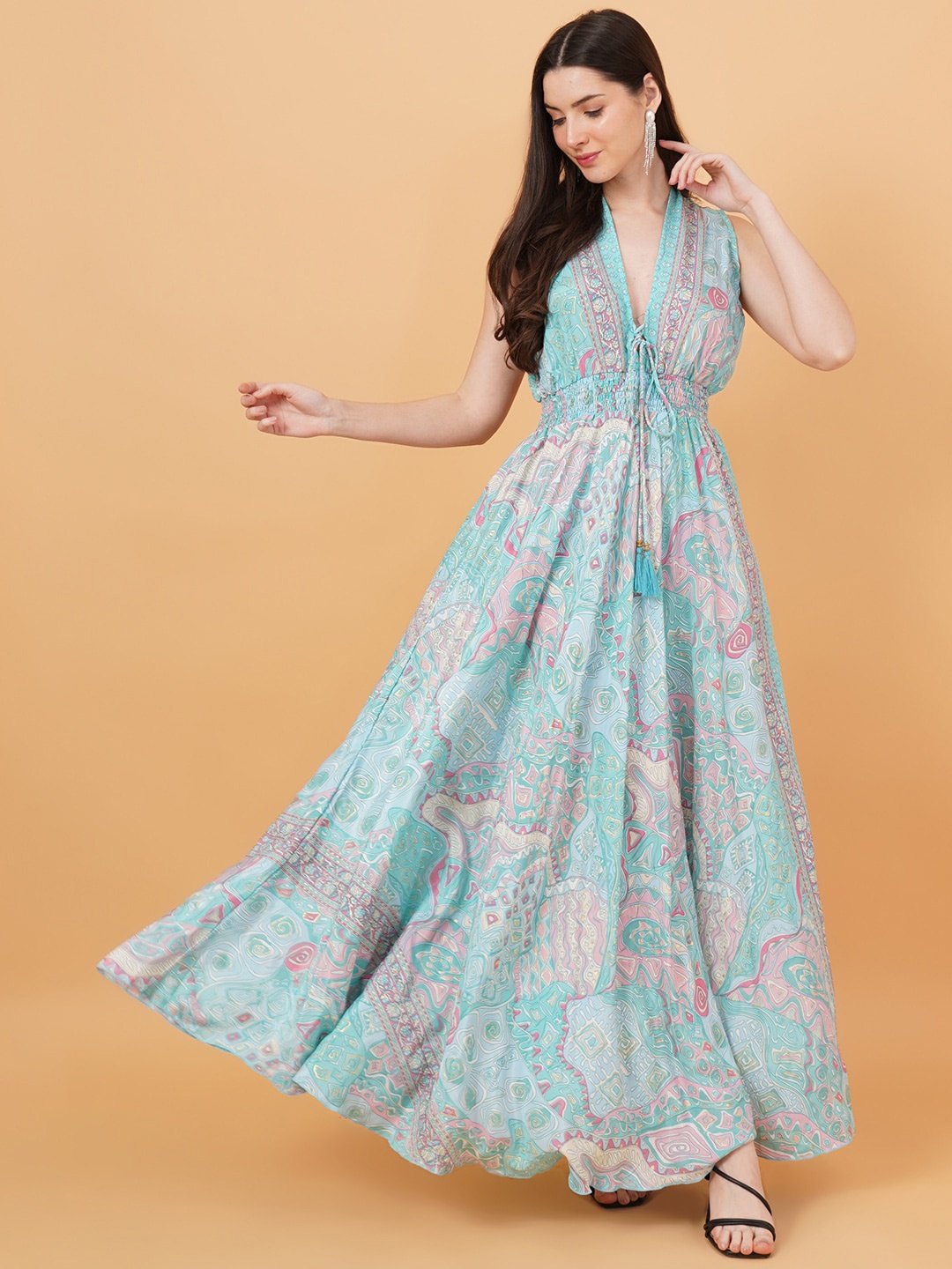 

IX IMPRESSION Abstract Print Smocked Fit & Flare Maxi Dress, Green